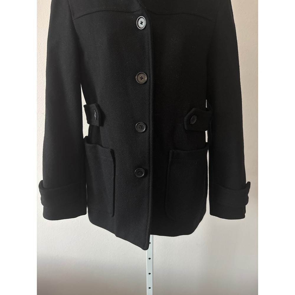 Minimalist Black Wool Blend Coat Size S Button Front Stand Collar Winter Jacket - Picture 10 of 16